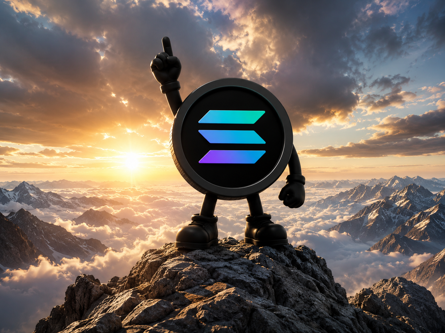 Black Solana coin mascot beginning a mountain climb