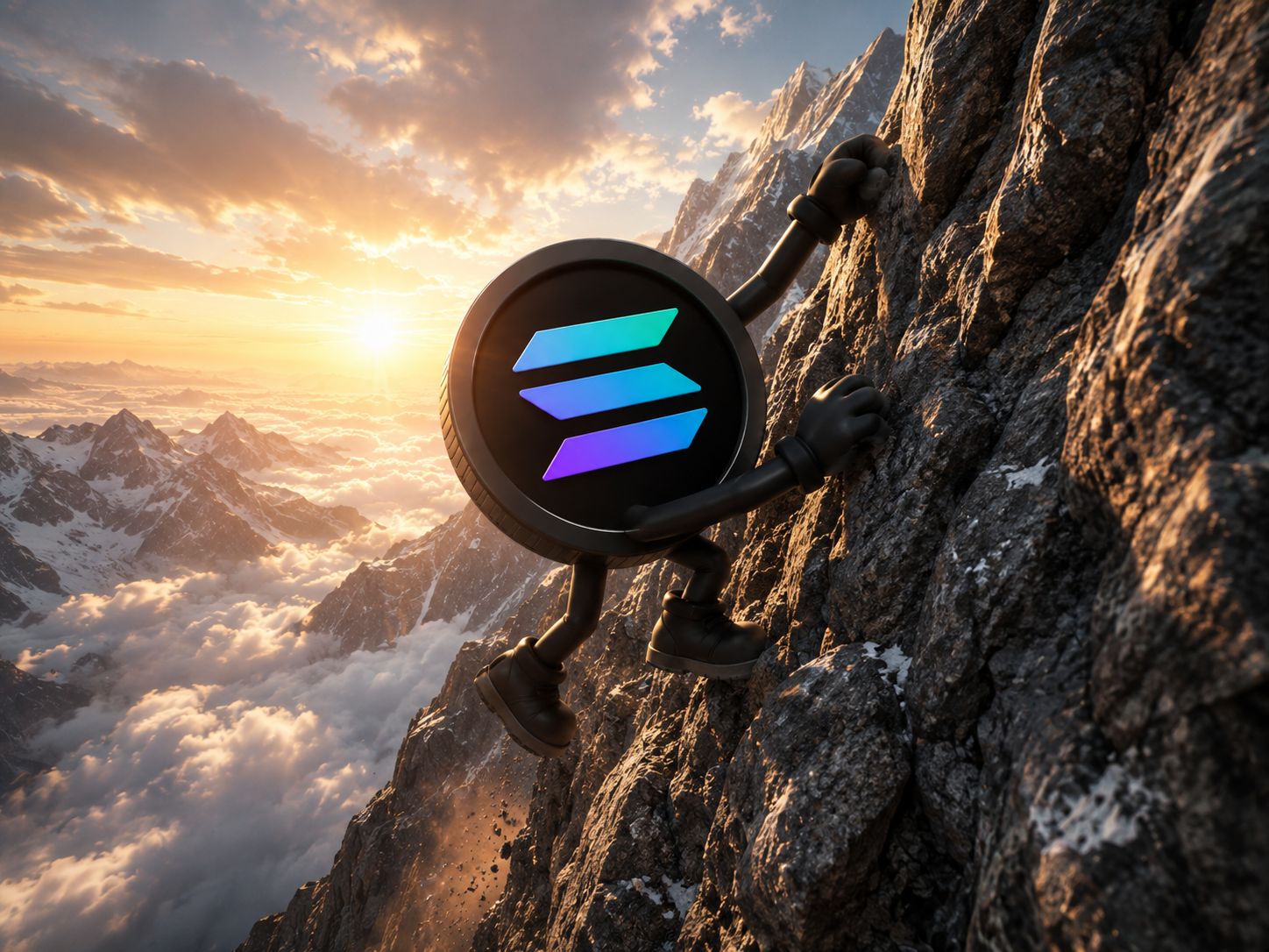 Black Solana coin mascot climbing a steep mountain