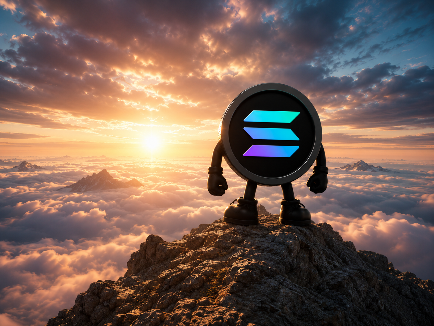 Black Solana coin mascot climbing above the clouds
