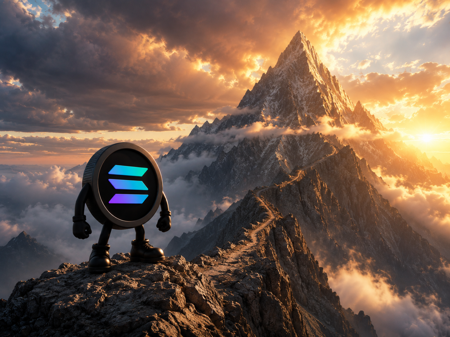 Black Solana coin mascot facing another mountain peak