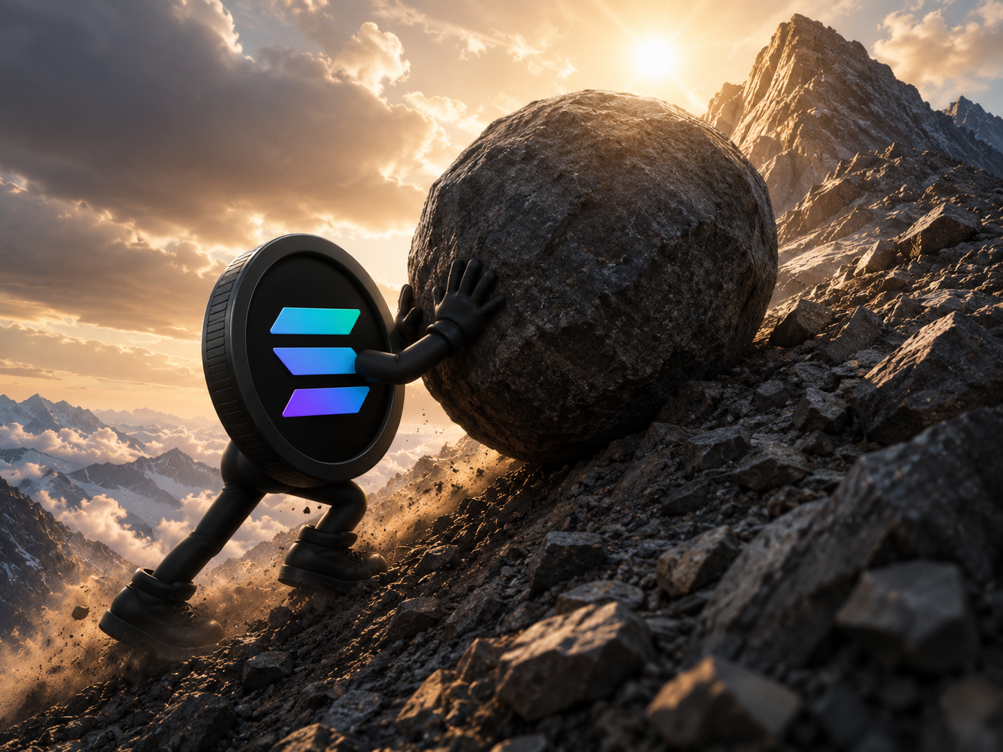 Black Solana coin mascot pushing upward on a rock face