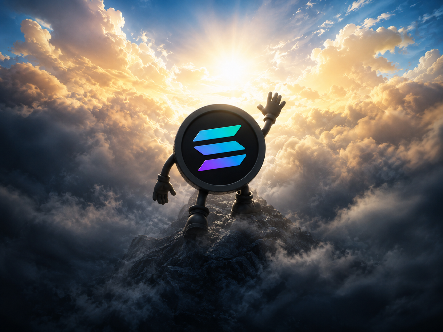 Black Solana coin mascot breaking through bright clouds