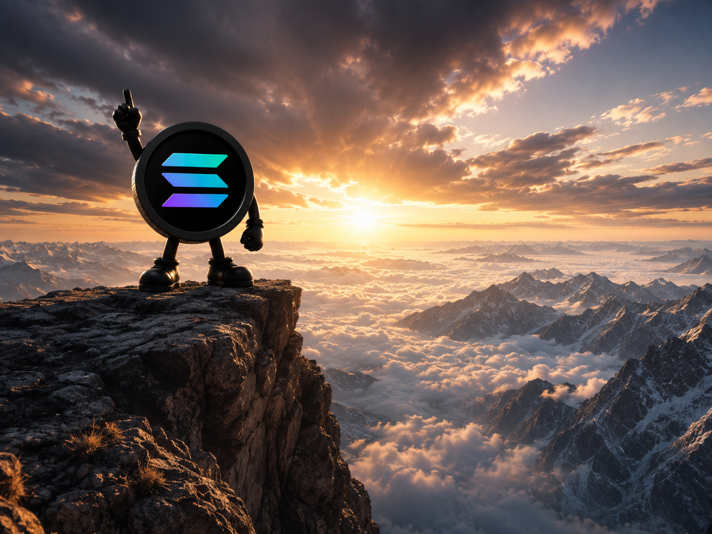 Black Climb Season Solana coin mascot on a high ridge
