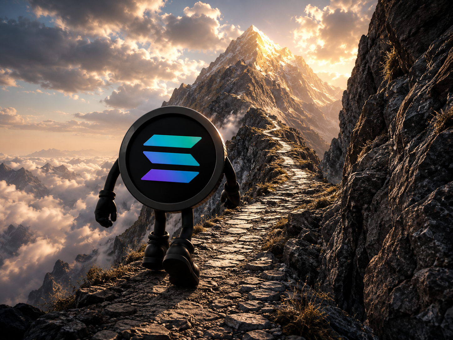 Black Solana coin mascot continuing along an upward mountain path