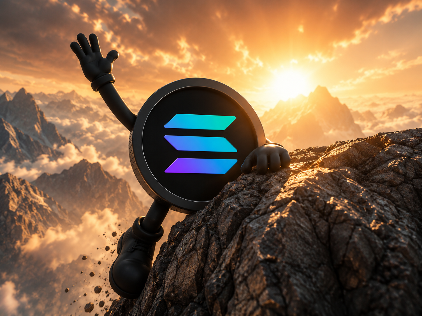 Black Solana coin mascot making the final pull toward the summit
