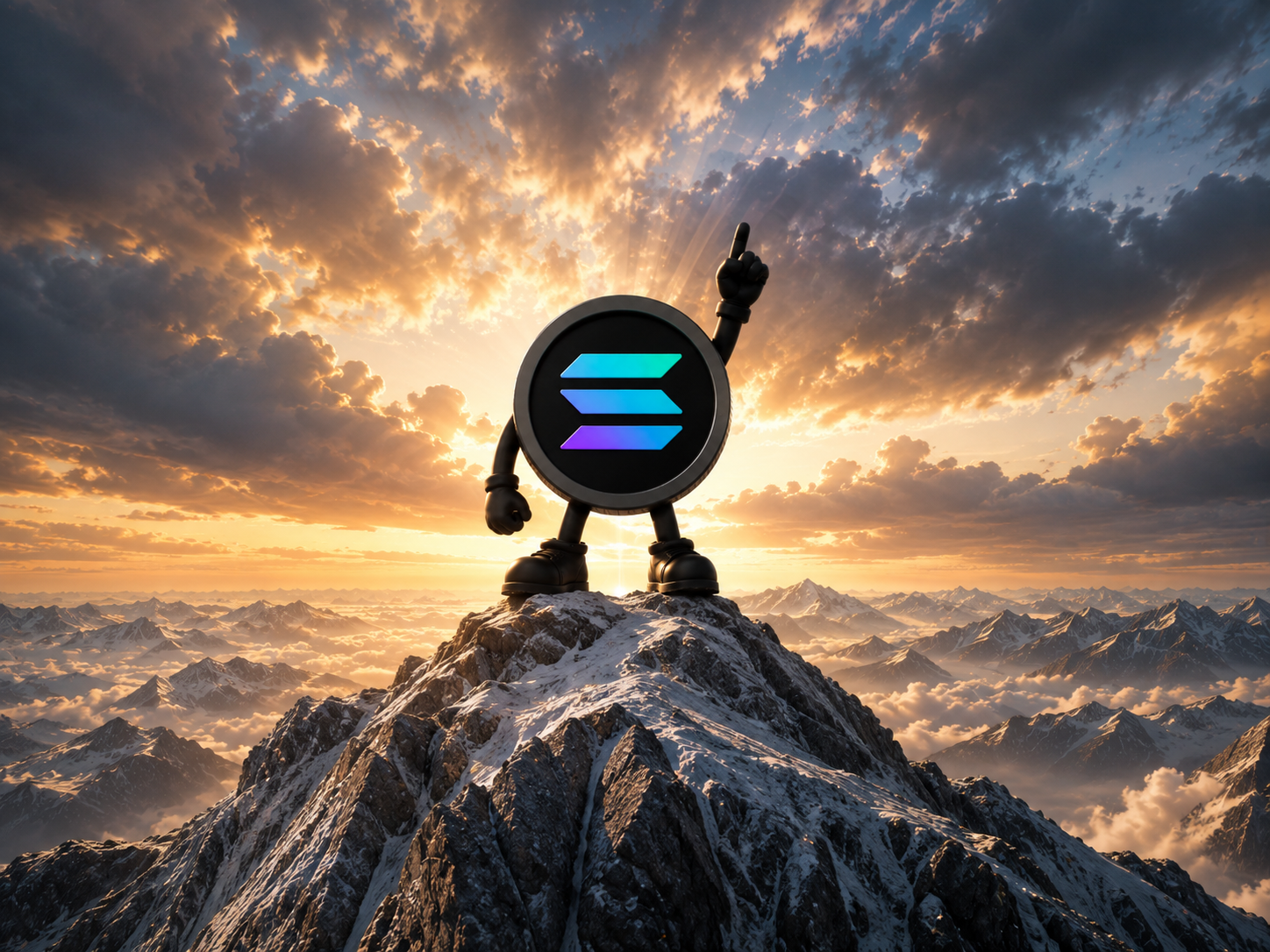 Black Solana coin mascot standing at the mountain summit